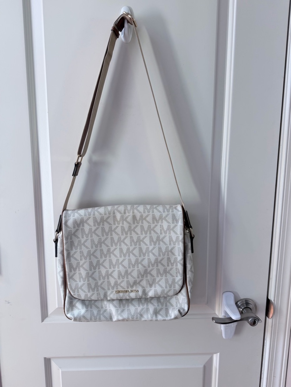 Michael Kors Cream and Tan MK Logo Crossbody Bag
